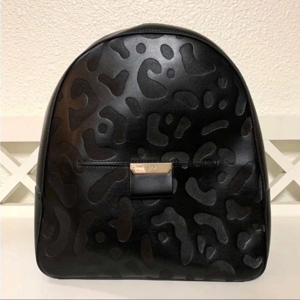 Roberto Cavalli Sofia Black Leather Leopard Print Mini Backpack Purse NWT
